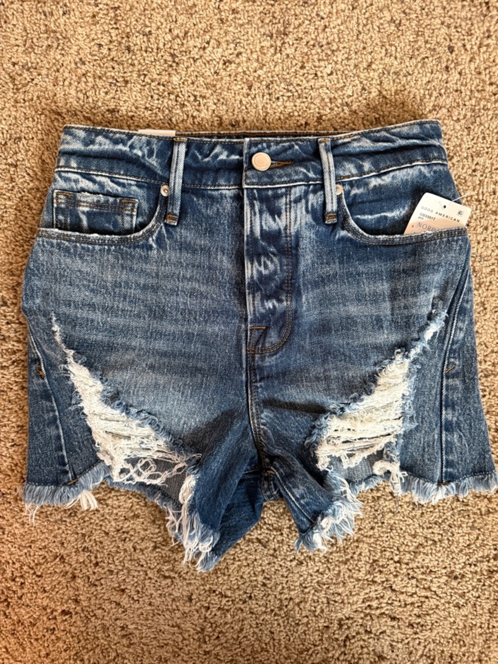 Good American Distressed Bombshell Short High-Rise Blue Denim Shorts